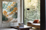 Jade and gold filigree mountain landscape in celadon green, japandi digital art canvas for living room or bedroom