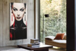 Woman's digital art portrait with crimson drips, cat-eye liner and geometric earrings, bold contemporary canvas wall art