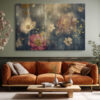 Layered flowers with gold splatters on dark slate blue, romantic mixed-media floral canvas for living room or bedroom