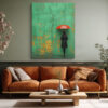 Lone figure with red umbrella against cracked mint green wall, wet ground reflection, bold street photography canvas print