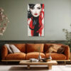 Stylized female portrait with red lips and black calligraphic swirls, bold art deco digital art canvas for living room
