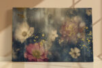 Layered flowers with gold splatters on dark slate blue, romantic mixed-media floral canvas for living room or bedroom