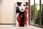 Stylized female portrait with red lips and black calligraphic swirls, bold art deco digital art canvas for living room