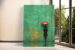 Lone figure with red umbrella against cracked mint green wall, wet ground reflection, bold street photography canvas print