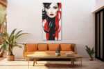 Stylized female portrait with red lips and black calligraphic swirls, bold art deco digital art canvas for living room
