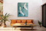 Two red-crowned cranes in mid-flight, muted teal acrylic, japandi wall art canvas for living room or bedroom