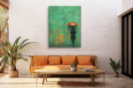 Lone figure with red umbrella against cracked mint green wall, wet ground reflection, bold street photography canvas print