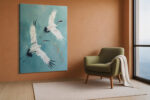 Two red-crowned cranes in mid-flight, muted teal acrylic, japandi wall art canvas for living room or bedroom