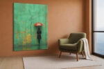 Lone figure with red umbrella against cracked mint green wall, wet ground reflection, bold street photography canvas print
