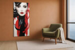 Stylized female portrait with red lips and black calligraphic swirls, bold art deco digital art canvas for living room