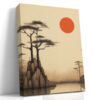 Pine cliff and crimson sun disc ink-drawing landscape in warm cream and burnt red, japandi wall art for bedroom