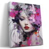 Woman's face with floral paint splatters in magenta and purple, dramatic mixed-media portrait canvas for living room