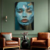 Close-up face with blue impasto paint strokes in teal and warm beige, dramatic portrait digital art canvas for living room