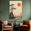 Pine cliff and crimson sun disc ink-drawing landscape in warm cream and burnt red, japandi wall art for bedroom
