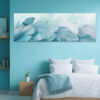 Feathers and translucent botanical leaves in soft teal and pale aqua, panoramic scandinavian digital art canvas for bedroom