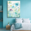 Soft aqua and mint watercolor flowers in bloom, portrait floral wall art canvas for bedroom or spa retreat