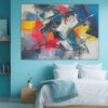 Explosive abstract acrylic painting in vivid red, cobalt blue, and near black, bold wall art canvas for living room
