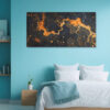 Fluid amber swirls and bubble forms on deep charcoal navy, bold abstract panoramic wall art canvas for living room