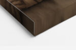 Pine cliff and crimson sun disc ink-drawing landscape in warm cream and burnt red, japandi wall art for bedroom