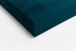 Abstract teal and gold canvas print with torn amber layer and fine horizontal lines, dramatic wall art for living room