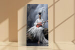 Seated woman in white kimono with heron and terracotta-red guitar before waterfall, serene portrait canvas wall art