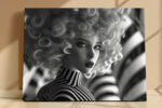Female figure with spiral curly hair in black and white digital art portrait canvas for living room or home office