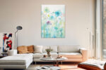 Soft aqua and mint watercolor flowers in bloom, portrait floral wall art canvas for bedroom or spa retreat