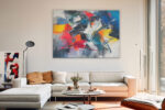 Explosive abstract acrylic painting in vivid red, cobalt blue, and near black, bold wall art canvas for living room