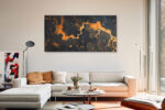 Fluid amber swirls and bubble forms on deep charcoal navy, bold abstract panoramic wall art canvas for living room