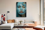 Close-up face with blue impasto paint strokes in teal and warm beige, dramatic portrait digital art canvas for living room