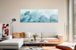 Feathers and translucent botanical leaves in soft teal and pale aqua, panoramic scandinavian digital art canvas for bedroom