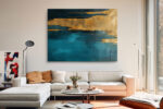 Abstract teal and gold canvas print with torn amber layer and fine horizontal lines, dramatic wall art for living room