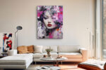 Woman's face with floral paint splatters in magenta and purple, dramatic mixed-media portrait canvas for living room