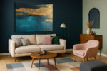 Abstract teal and gold canvas print with torn amber layer and fine horizontal lines, dramatic wall art for living room
