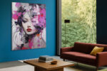 Woman's face with floral paint splatters in magenta and purple, dramatic mixed-media portrait canvas for living room