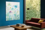 Soft aqua and mint watercolor flowers in bloom, portrait floral wall art canvas for bedroom or spa retreat