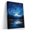 Starry night sky with diagonal star trails over snow-capped mountain, cobalt blue acrylic canvas wall art