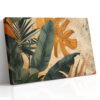 Tropical monstera and banana leaves in teal and amber, bohemian botanical mixed-media canvas print for living room