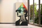 Woman's profile with rainbow triangle and New York skyscraper collage, bold contemporary mixed-media canvas wall art