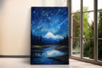 Starry night sky with diagonal star trails over snow-capped mountain, cobalt blue acrylic canvas wall art