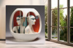 Two mirrored female busts in a scarlet arch vessel, art deco digital art canvas for living room or home office