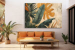 Tropical monstera and banana leaves in teal and amber, bohemian botanical mixed-media canvas print for living room