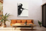 Samurai silhouette with katana in expressive ink-wash style, black on cream, japandi wall art for home office