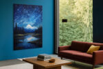 Starry night sky with diagonal star trails over snow-capped mountain, cobalt blue acrylic canvas wall art