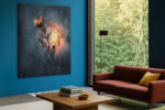 Flame-petal flower silhouette glowing in burnt orange and dark slate blue, moody botanical portrait canvas wall art
