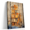 Architectural building cross-section in amber and grey, mixed-media wall art canvas for living room or home office