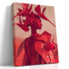Profile figure in geometric crimson garment with tropical leaf headdress and origami cranes, bold digital art canvas print