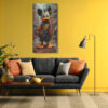 Cartoon duck in crimson jacket and teal trousers on a city street, bold pop art digital canvas for living room or home office