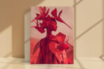 Profile figure in geometric crimson garment with tropical leaf headdress and origami cranes, bold digital art canvas print