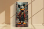 Cartoon duck in crimson jacket and teal trousers on a city street, bold pop art digital canvas for living room or home office